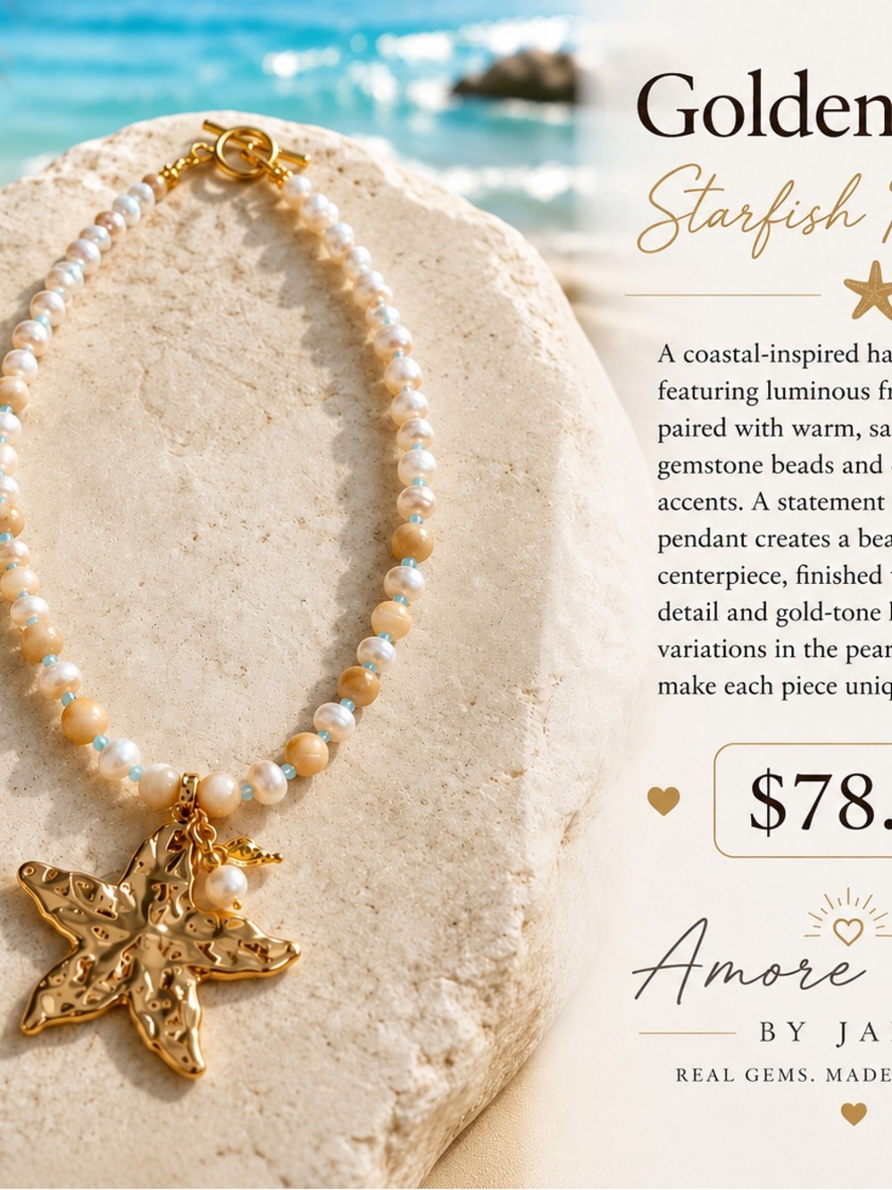 Golden Starfish Pendant Necklace - Cream & Gold